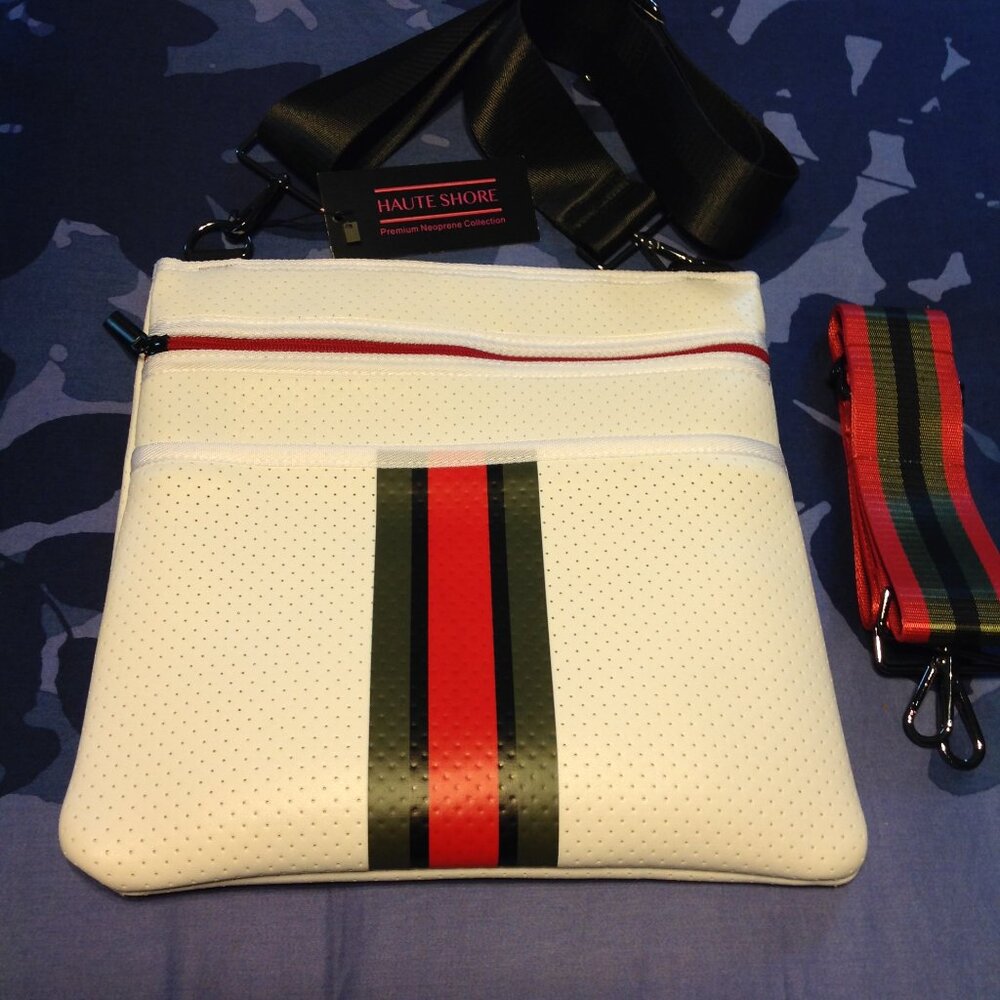 Haute Shore White Crossbody Bag with Red & Green Stripe